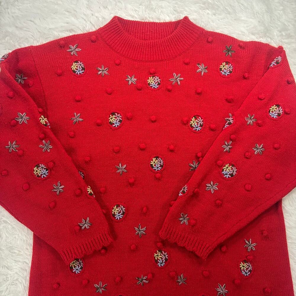 Vintage Red Bobble Knit Crewneck Sweater Embroidered Pom Pom Holiday Festive L